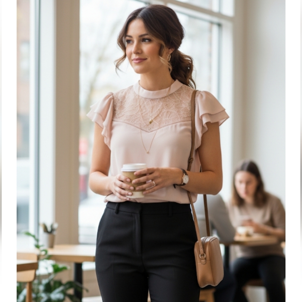 H&M Professional Look Lace Yoke Butterfly Frill Sleeve Top Blush Pink/Nude 14